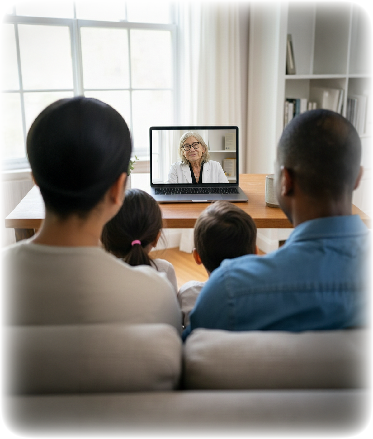 Family participating in a telemedicine visit with a physician from home